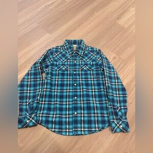 Stio Teal and Navy Plaid boy shirt cowboy style size 8